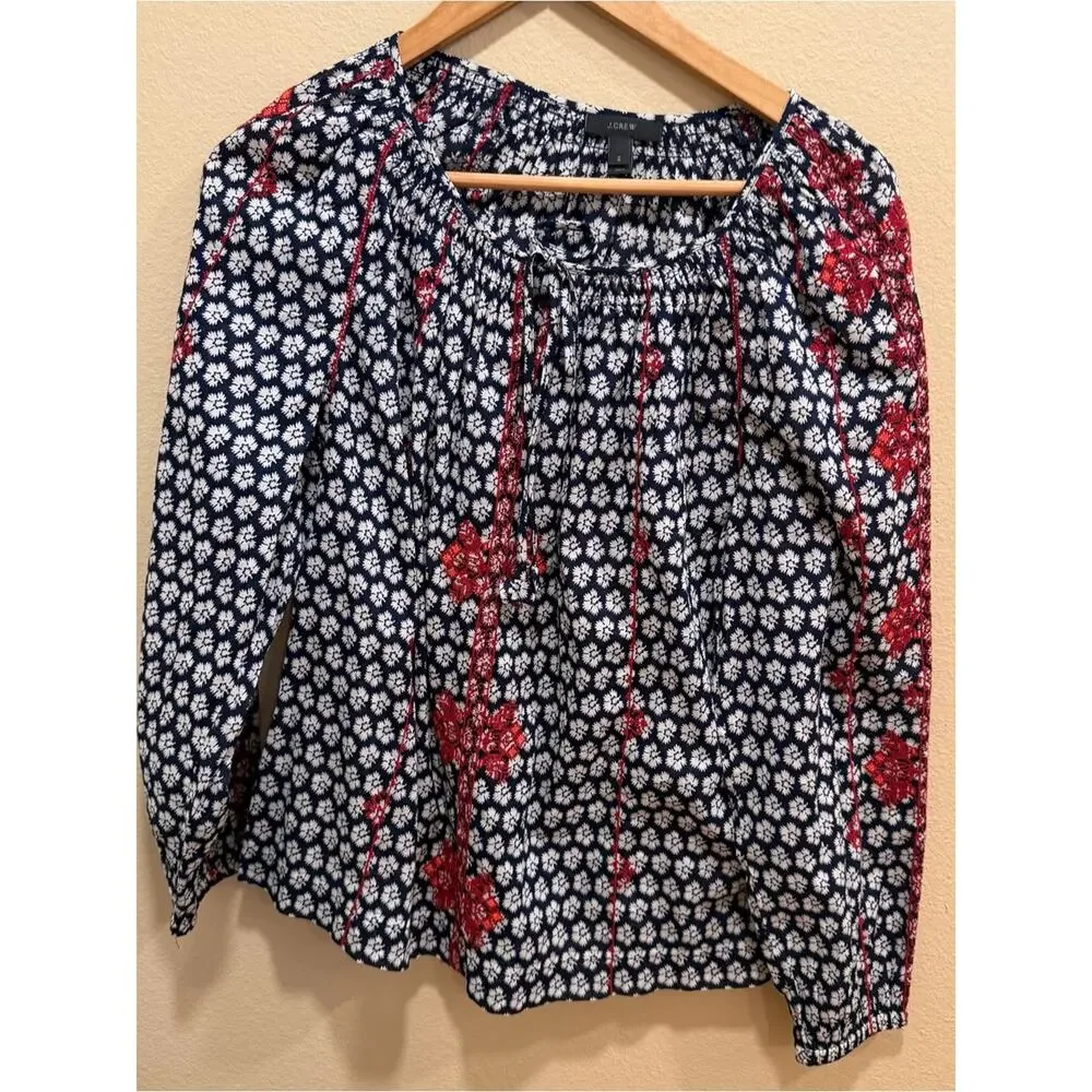 J. Crew Navy Floral Peasant Blouse with Red and White Motif Floral 2